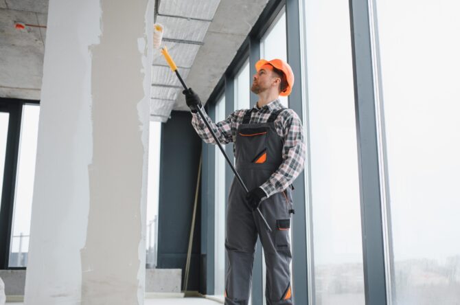 Professional,Builder,Applying,A,Paint,Roller,While,Decorating,The,Interior