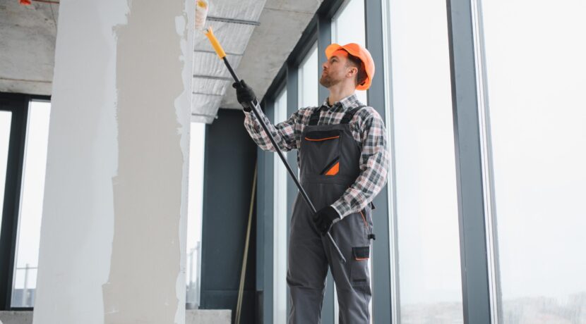 Professional,Builder,Applying,A,Paint,Roller,While,Decorating,The,Interior Professional,Builder,Applying,A,Paint,Roller,While,Decorating,The,Interior